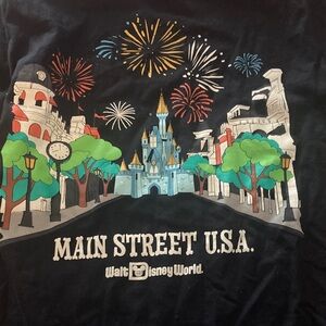 Disney Black T-Shirt with Main Street U.S.A. and Fireworks. Unisex